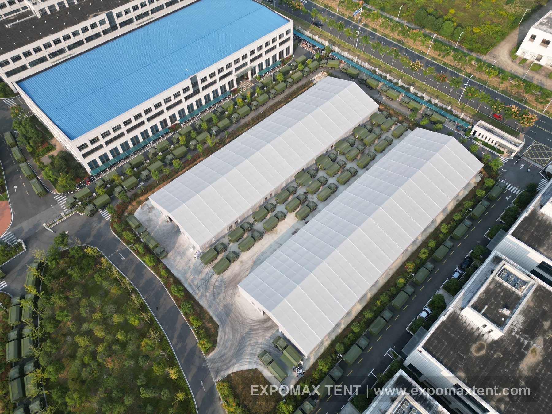 Top aerial view of warehouse tent project