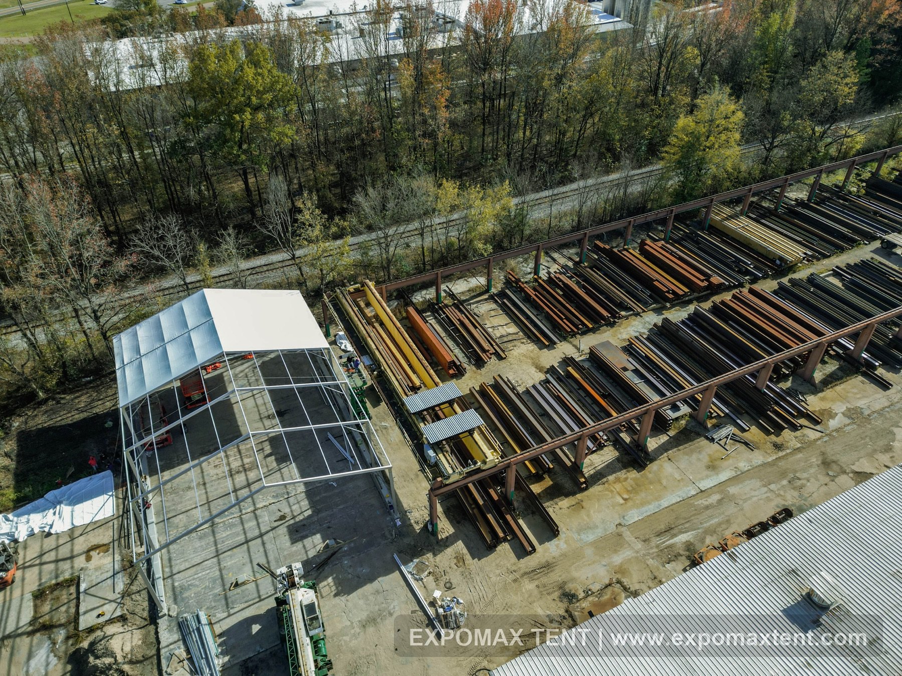 Aerial view of temporary workshop beside factory materials yard
