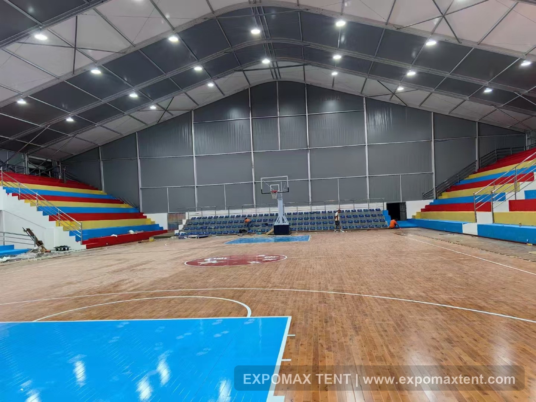 Basketball arena tent with spectator seating